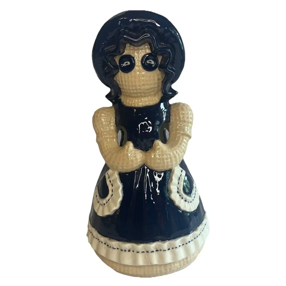 70s Vintage Sittre Ceramic Burlap Rug Doll Ceramic Utensil Holder Navy White